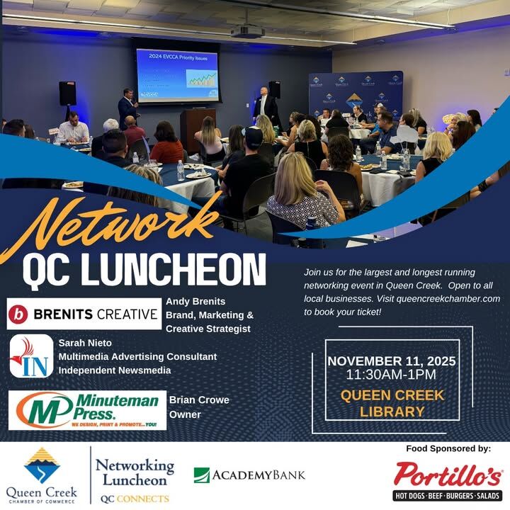 Panel discussion at the Queen Creek Chamber Network QC Luncheon with attendees seated at tables and speakers presenting on marketing strategies.