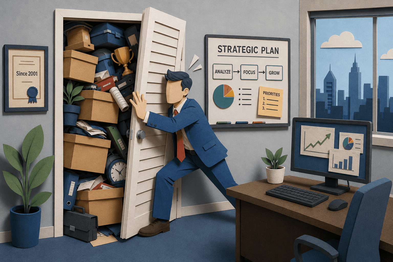 Paper-sculpture illustration of a business owner struggling to hold shut an overstuffed office storage closet filled with boxes, files, binders, and accumulated business materials. A strategic planning board, computer monitor with growth charts, and city skyline reinforce themes of business complexity, organizational clutter, and the need for strategic clarity.