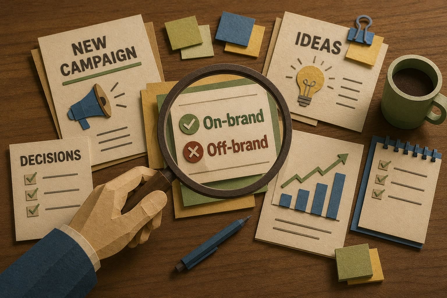 Business owner reviewing marketing plans through a magnifying glass focused on “On-Brand” and “Off-Brand” decisions, surrounded by campaign ideas, growth reports, and strategy documents in a layered paper-sculpture illustration.