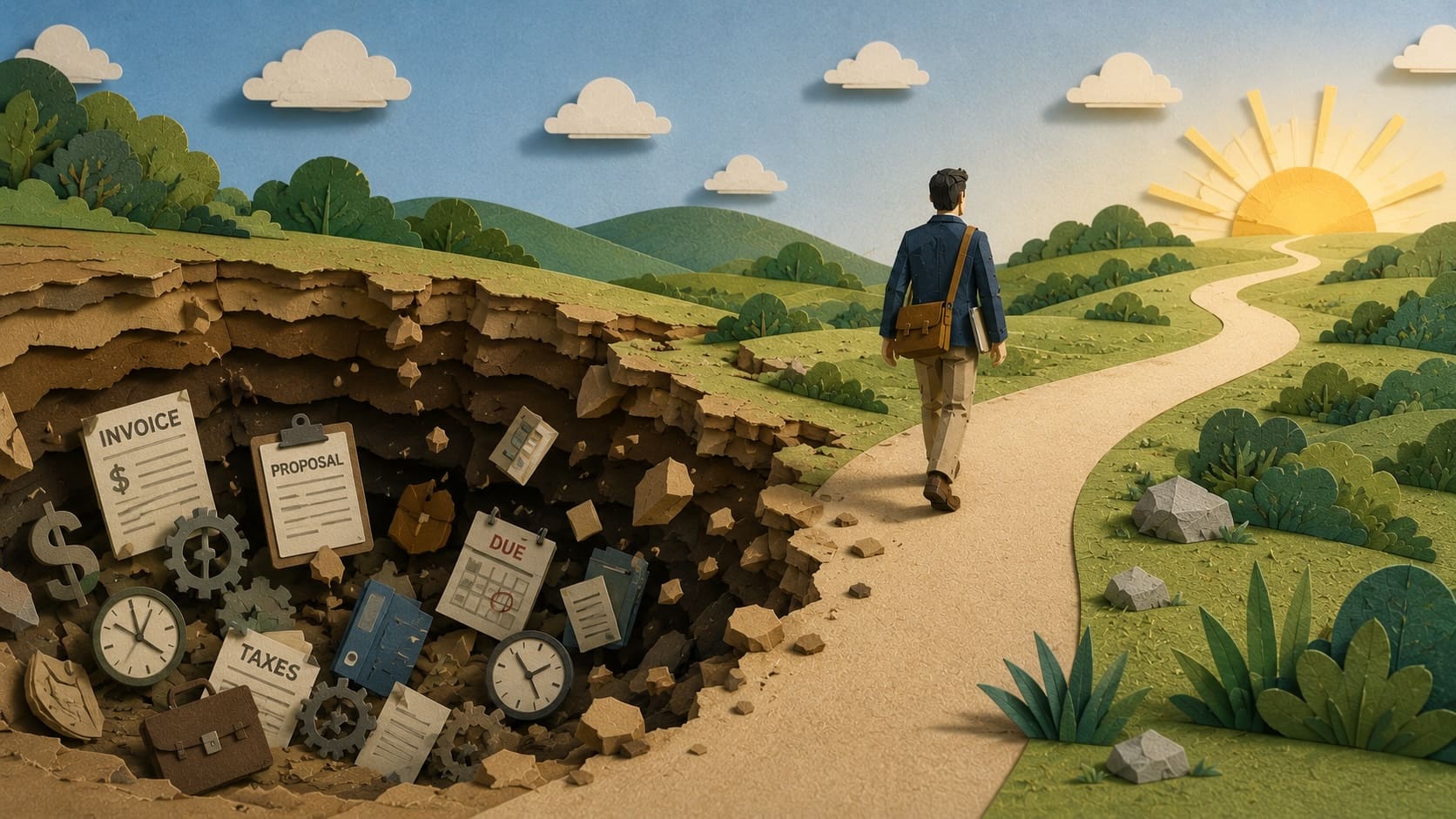 Best advice self employment sinkhole – Brenits Creative Paper sculpture illustration of an entrepreneur walking confidently toward the horizon while a massive sinkhole behind them swallows invoices, proposals, tax documents, clocks, and business paperwork, symbolizing the uncertainty of self-employment.