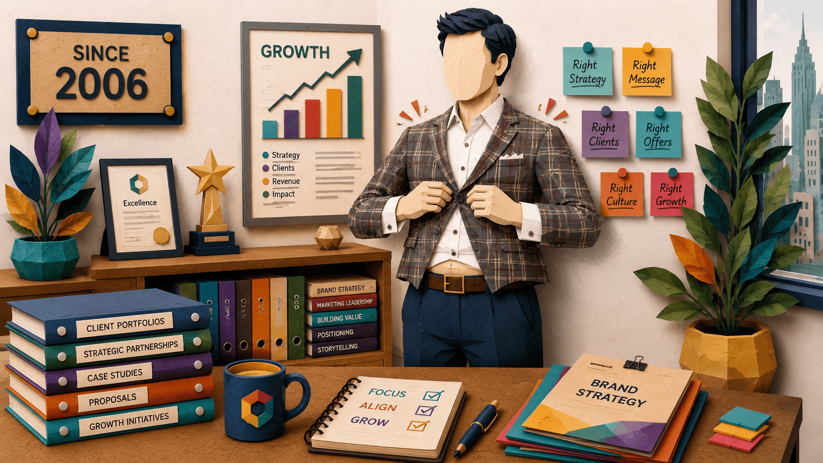 Business owner wearing an outdated plaid suit jacket that’s too small, symbolizing a growing business that has outgrown its brand and positioning.