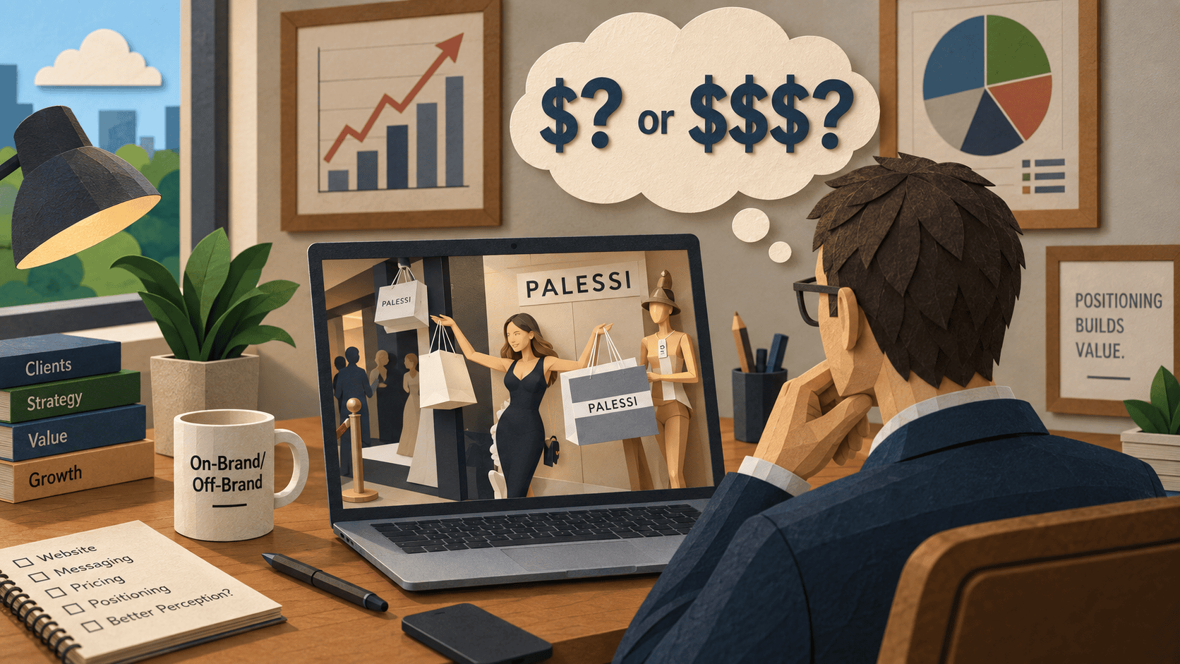 Brand Positioning and Perceived Value: The Palessi Effect Paper sculpture illustration of a business owner evaluating brand positioning and perceived value while viewing the Palessi experiment on a laptop.